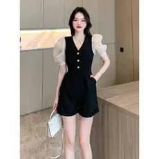 Verão novo estilo estilo francês High-End sentimento pequeno Bodysuit macacão feminino fino com decote em V macacão Shor