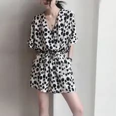 Verão novo estilo estação europeia pequeno bodysuit feminino estilo fino de uma peça Chiffon com decote em V bolinhas bo