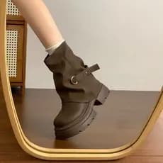 Jiabu botas curtas falsas femininas 2025 novo estilo botas marrons botas de pilha de verão calças de sola grossa botas M