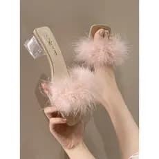 Chinelos peludos femininos verão novo estilo estilo fada cristal sandálias de salto alto chinelos chinelos manhã Robe sa