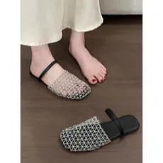 Malha oca Baotou meia chinelos feminino exterior Wear 2026 novo estilo verão estilo francês com saia fundo plano sandáli