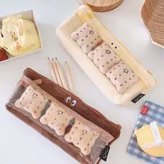 Divertido biscoito de pelúcia lápis caso bonito dos desenhos animados invertido trapézio estudante papelaria saco ins si