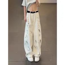 Branco sujo tingido Graffiti Machete Jeans unissex Design nicho High Street cleanfit calças de perna larga