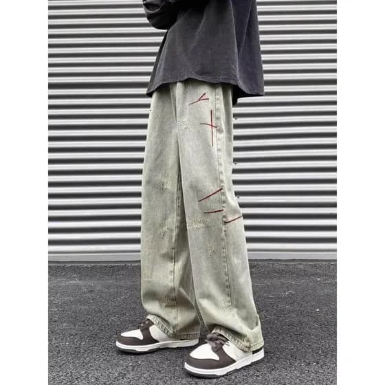 Calças de brim tingidas de lama amarela homens primavera outono street Wear lavado escovado solto calças retas estilo am