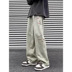 Calças de brim tingidas de lama amarela homens primavera outono street Wear lavado escovado solto calças retas estilo am