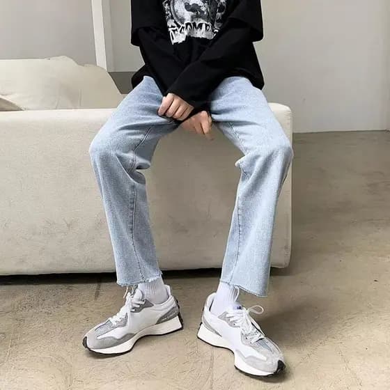 Calça Jeans masculina desgastada de cor clara, tendência de outono, versão coreana, perna reta, Slim