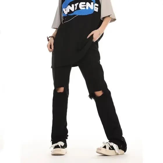 Jane na moda high Street europeu americano vibe joelho rasgado em linha reta ligeiramente alta elástica Jeans das mulher