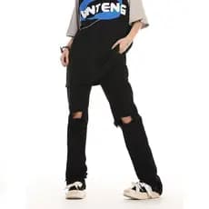 Jane na moda high Street europeu americano vibe joelho rasgado em linha reta ligeiramente alta elástica Jeans das mulher