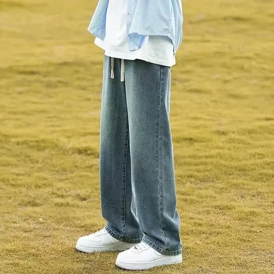Retro Jeans masculino solto em linha reta cintura elástica 2025 primavera outono novo estilo Street Wear calças comprida