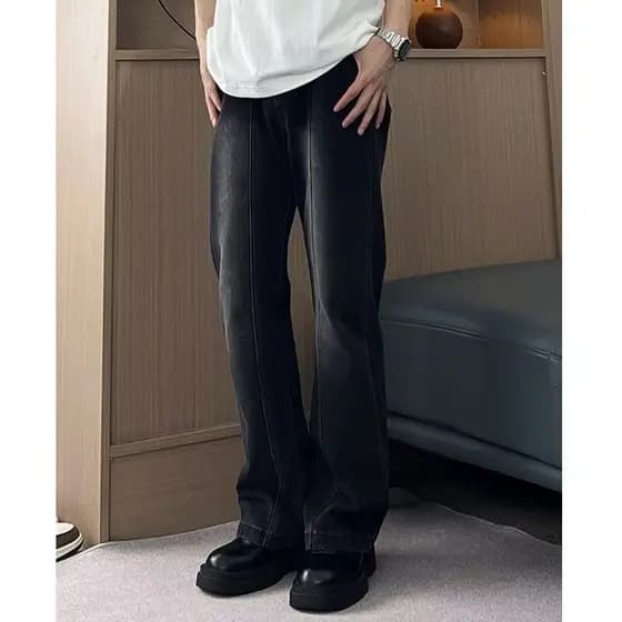[Recomendação combinada] Jeans ligeiramente queimados All-Match Preto Cinza Curto Look Alto Slimmer Look Jeans Masculino