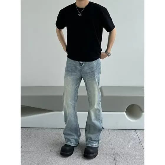 Americano High Street cleanfit lavado azul Jeans masculino em linha reta solta ligeiramente queimado calças estilo vibe