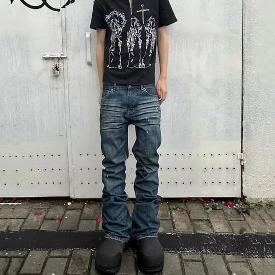 [Estoque pronto] Calça Jeans americana pesada bootcut sujo tingido ligeiramente Slim fit desgastada calça Cleanfit