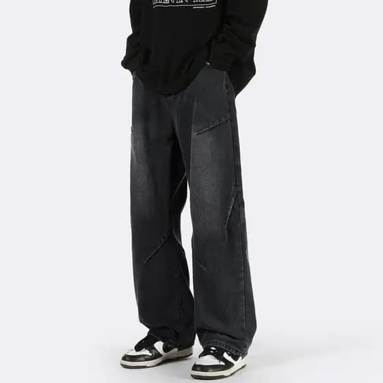 Calças de brim pretas masculinas verão americano street Wear cleanfit solto calças de perna larga High street plissado D
