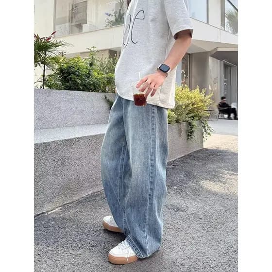 Lavado azul reto solto Jeans outono masculino 2025 novas calças compridas Casual All-Match simples