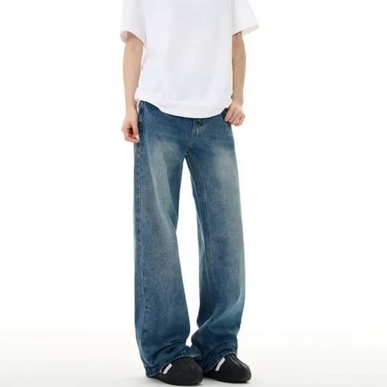 Jane Trendy American Retro cleanfit Azul Escuro Jeans Masculino Flap High Street Perna Larga Solta Calça Reta