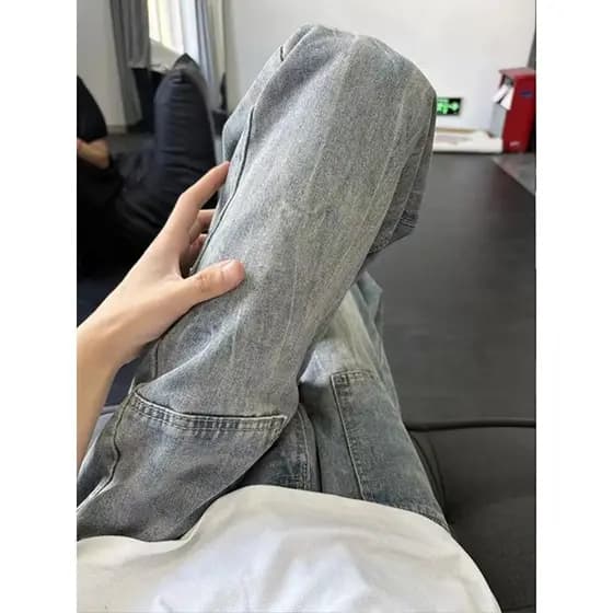 Americano Retro relâmpago padrão Jeans masculino outono Machete lavado calças soltas bolso reto Design ligeiramente quei