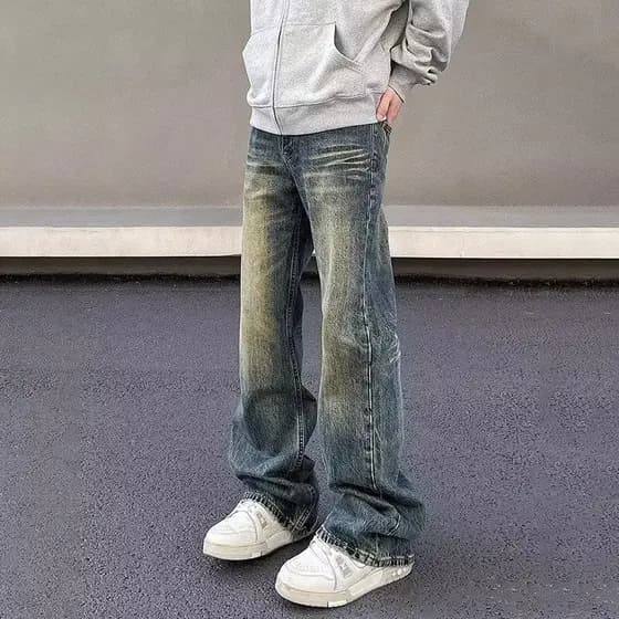 Americano High Street cleanfit Retro lavado angustiado Jeans masculino na moda em linha reta ligeiramente mais magro olh