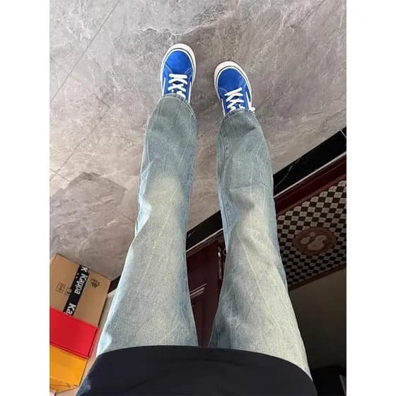 Calça Jeans masculina com estampa relâmpago azul gelo outono americana High Street calça reta cleanfit calça Machete