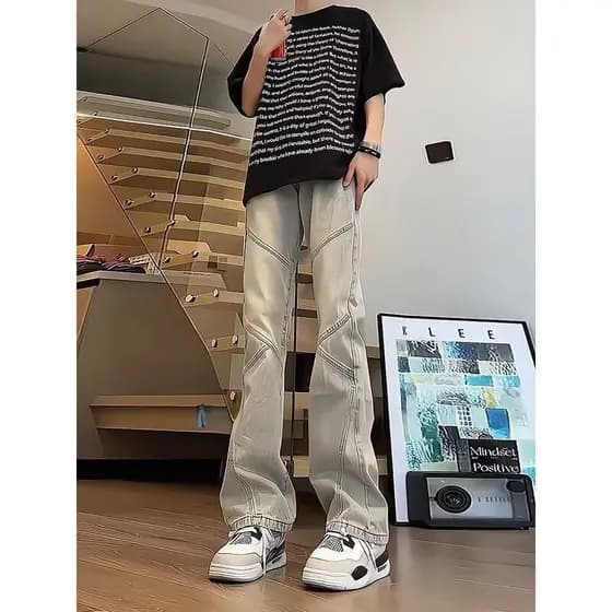 Nicho costura Jeans masculino verão americano High Street em linha reta mais magro olhar calças de levantamento engrenag