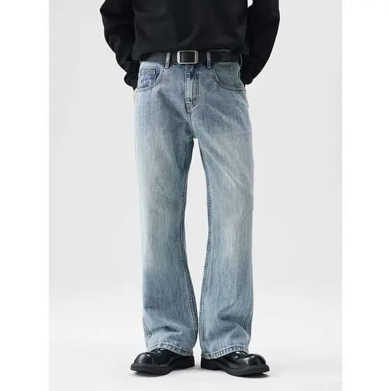 Jane na moda americano Retro lavado Jeans masculino street Wear solto calças retas High street vibe estilo ligeiramente
