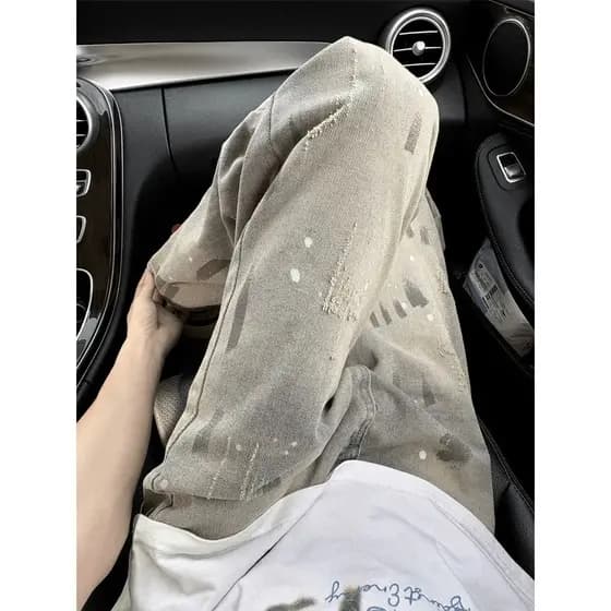 Estilo americano respingo tinta Tie-Dye Jeans masculino primavera outono lavado angustiado Retro na moda solto calças re