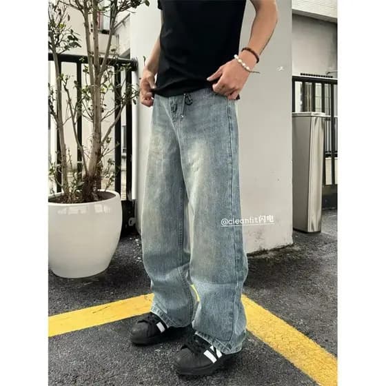 Americano relâmpago padrão Retro vintag jeans masculino feminino solto em linha reta perna larga cleanfit esfregar jeans