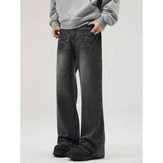 Jane Trendy American Retro Washed Street Wear Jeans Homens Soltos Straight cleanfit Simples Calças com Padrão Relâmpago
