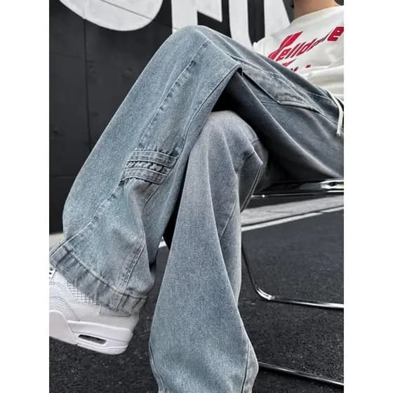 Americano High street azul Jeans masculino primavera outono street Wear solto calças retas lavado Retro macacão de perna