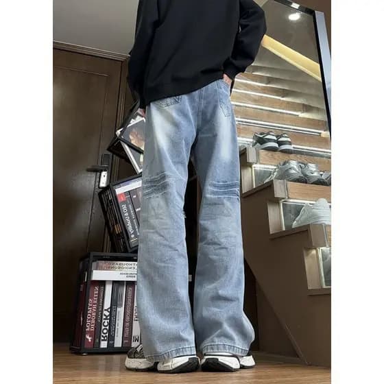 Americano Retro lavado relâmpago padrão azul Jeans masculino primavera outono vibe calças de rua alta perna larga reta M