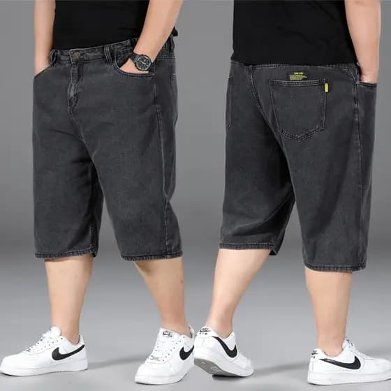 Verão fino Denim Shorts masculino solto em linha reta cinco pontos calças médias gordura cortada mais gordura plus Size