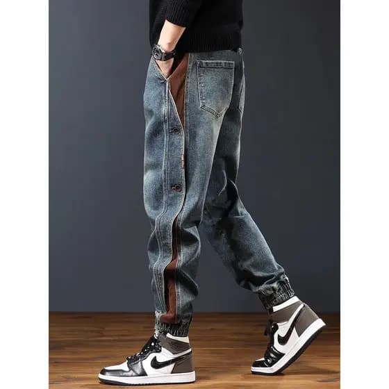 Estilo legal estilo americano pesado novo estilo costura macacão masculino outono rua Wear solto Casual Tie-up Jeans mas
