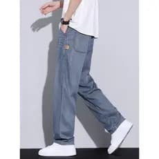 Tencel calças de brim retas dos homens verão novo estilo solto americano High Street Casual verão estilo fino gelo seda