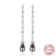 Brinco De Corrente Longa De Pérola Preta De 8 Mm Em Prata Esterlina 925 Para Mulheres Joias Da Moda