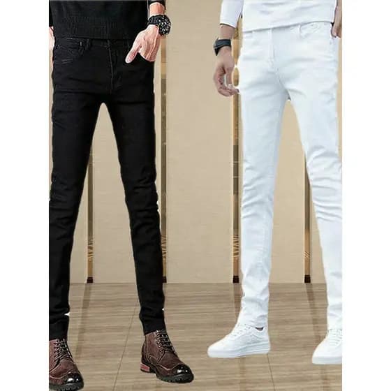 Calças de brim masculinas preto branco calças retas magro-ajuste calças magras All-match calças masculinas na moda meado