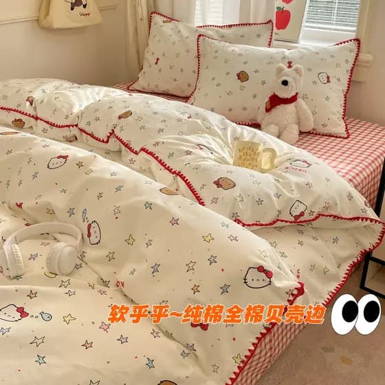 Ins Retro KT gato cama conjunto de quatro peças algodão puro crianças dos desenhos animados colcha capa folha dormitório