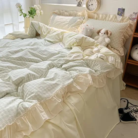 Estilo coreano folha de lótus renda lavado algodão cama conjunto de quatro peças menina coração lençol colcha capa dormi