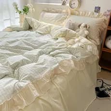 Estilo coreano folha de lótus renda lavado algodão cama conjunto de quatro peças menina coração lençol colcha capa dormi
