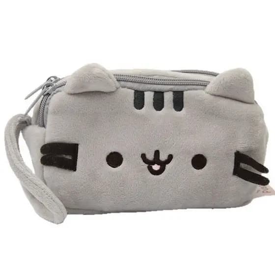 Estojo de lápis de gato cinza de desenho animado de duas camadas, Design de rosto sorridente, estojo de lápis de tamanho