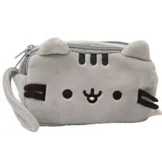 Estojo de lápis de gato cinza de desenho animado de duas camadas, Design de rosto sorridente, estojo de lápis de tamanho