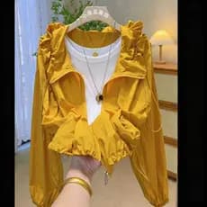 [Roupas de protetor solar de feijão dourado pequeno] Botão de flor com cordão com capuz verão leve respirável jaqueta pr