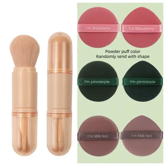 1 Conjunto de Pincéis de Maquiagem Pequenos para Viagem 4 em 1 + 6 Esponjas de Pó, Pincel Mini Portátil para Lábios, Pin