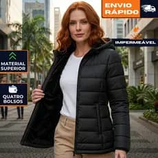 Jaqueta Puffer Forrada Apeluciada com Capuz Feminina
