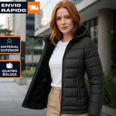 Jaqueta Puffer Bobojaco Feminina Forrada Peluciada Capuz Removível Corta Vento Blusa Inverno Frio Confortável Estilosa