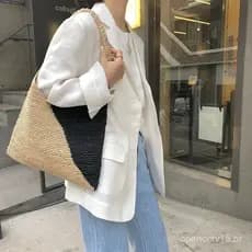 Bolsa de Palha Estilosa Coreana 2024, Bolsa de Ombro Único, Bolsa Trançada, Bolsa de Praia para Férias, Bolsa Feminina c