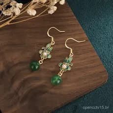 Brincos pendentes de esmalte floral em estilo étnico para mulheres, longos, elegantes e versáteis, com elementos de jade