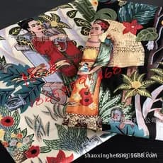 Tecido de cetim elástico 100% algodão com estampa Frida, estilo europeu e americano, disponível em estoque, para vestido