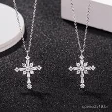 Colar feminino de prata esterlina s925 com pingente em forma de cruz em T, cravejado de diamantes ultra-brilhantes, esti