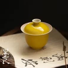 Gaiwan de cerâmica amarelo-limão Mojie, pintado à mão com linhas duplas, estilo antigo, adequado para sala de chá em cas