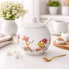 Açucareiro Porcelana Branco Floral Com Colher Le Jardin 350ml Hauskraft