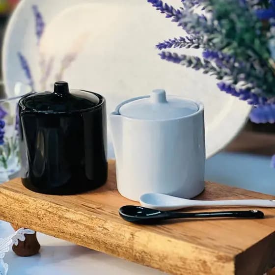 Açucareiro Porcelana Branco e Preto Com Colher Manhattan 300ml Hauskraft
